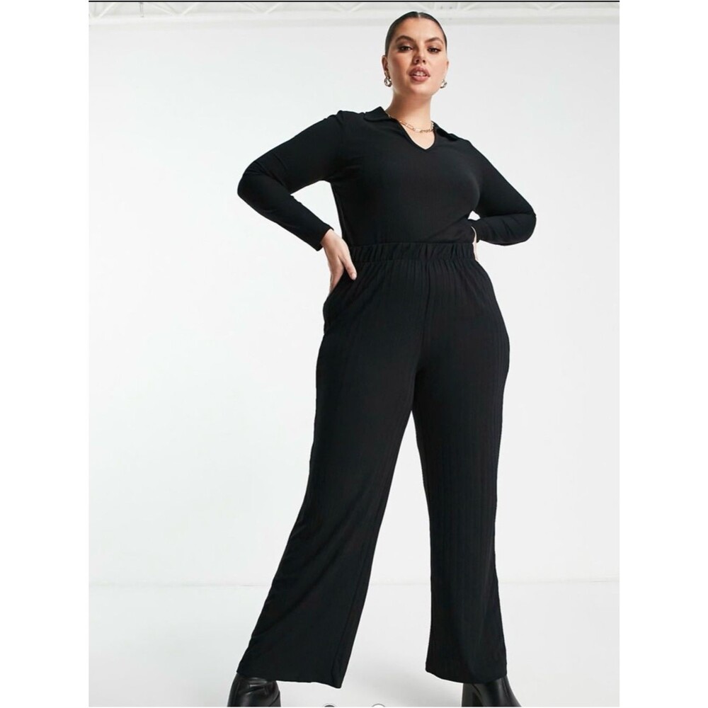 Vero Moda Ribbed Wide Leg Pants Women's Large Black Pull On Lounge Casual